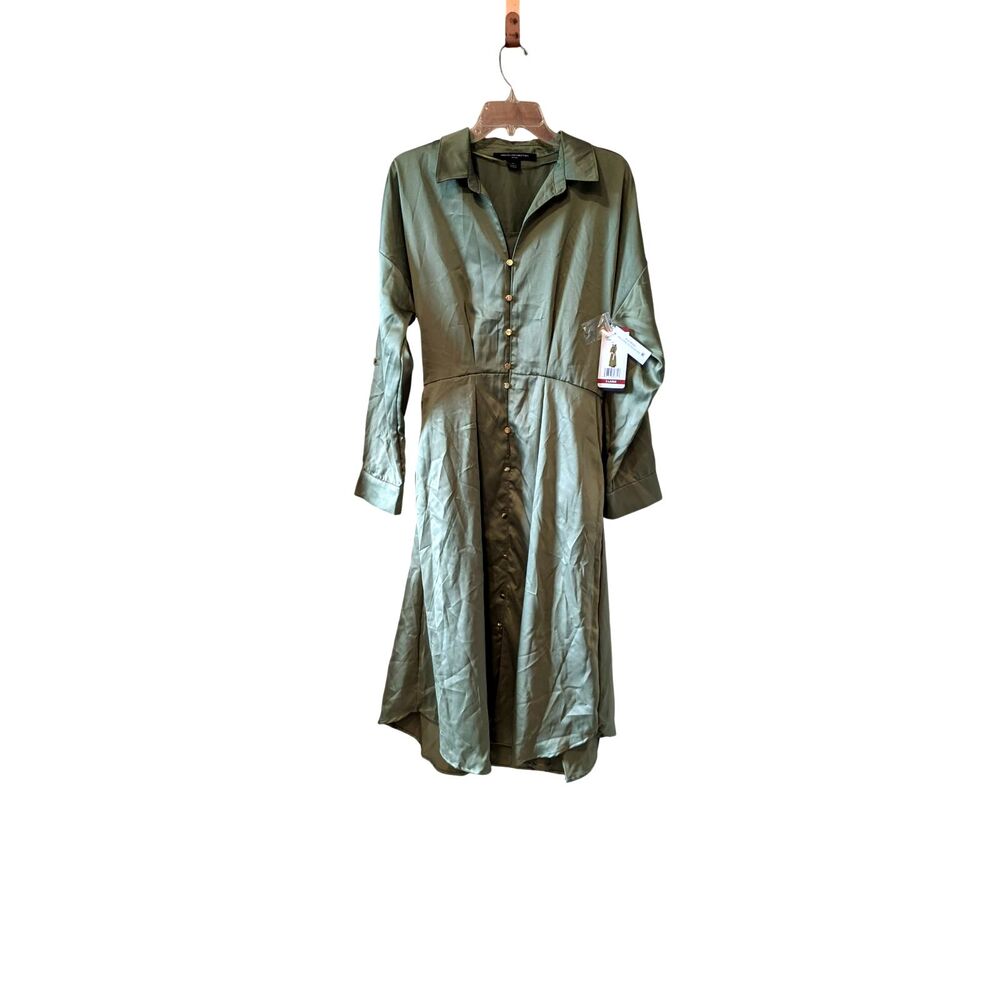 French Connection Green Satin Dress L/S Belt Shirt Dress NWT Sz XL Whimsigoth